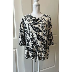 Who What Wear linen blend black and white floral print blouse with drawstring wa